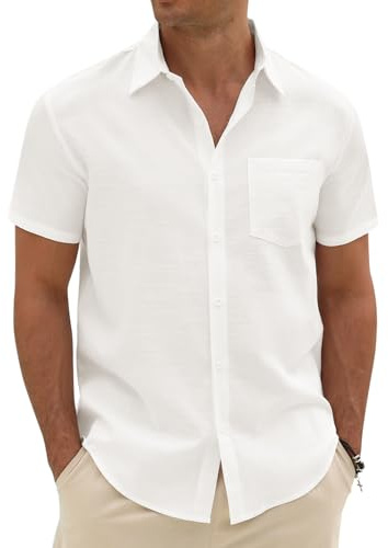 Xnova Camicia Uomo in Cotone e Lino Camicia Uomo Maniche Corte Estiva Regular Fit con Taschino la Spiaggia Camicie con Collo Button-Down Le Vacanze e Il Lavoro, Bianco, S