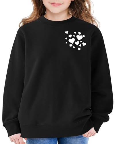 Mjjsk Flickor rund hals sweatshirt trendig långärmad hjärta grafisk tröja barn vardaglig Preppy pullover toppar komfort mjuka semester kläder, Svart, 13-14 Years