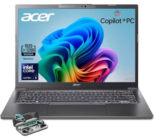 acer Laptop Aspire 14, pantalla WUXGA de 14 pulgadas (1920 x 1200), Intel Ultra 5-226V, AI Copilot+PC, 16GB LPDDR5X RAM, 1TB SSD, Windows 11 Home, gris, auriculares inalámbricos TWE