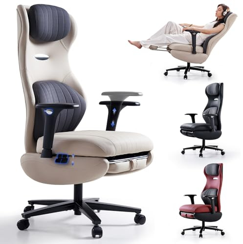 EMIAH Ergonomischer Bürostuhl, Schreibtischstuhl mit Fußstütze aus PU Leder, Verstellbare Armlehnen Compute Stuhl, Hochlehner Gaming Stuhl, Chefsessel mit Kopfstütze und Lendenwirbelstütze, Weiß