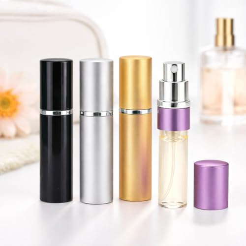 4 Pack Refillable Perfume Atomiser - 10 ml Travel Spray Bottles, Mini Portable Fragrance Dispenser for Handbag Pocket and Travel, Aluminium Case with Glass Inner, Black Gold Silver Purple - Decants