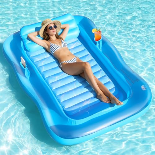 KingSom Luftmatratze Pool Erwachsene, Pool Matratze mit Getränkehalter & Telefonhalter, Verdickte Wasser Pool Luftmatratze mit Kopfstütze, Aufblasbarer Wasser Matratze, Sonnenbaden für Garten, Strand