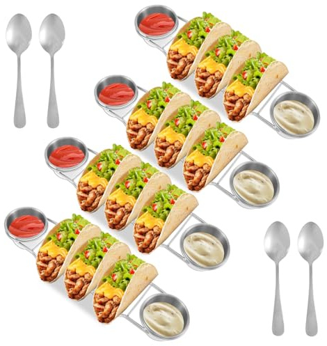 Stainless Steel Taco Holder Set - Rustproof Sturdy Food Grade Oven Safe Dishwasher Safe, with Spoon Salad Cup, Serving Tray for Mexican Dishes Toppings Tacotuesday Wedding Registry Gift (4pcs silver)