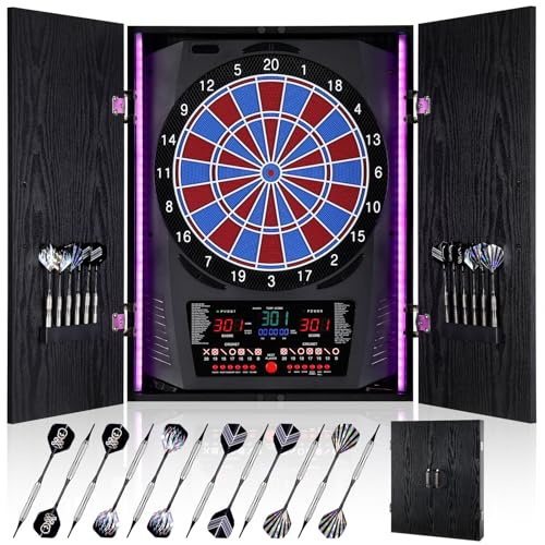 Yirinatek Elektronische Dartscheibe mit Rustikalen Holz-Schrank [12 Bronze Soft-Tip Pfeile], 8-Farben LED für 8 Spieler, Dart Scheibe Profi für Zuhause & Bar