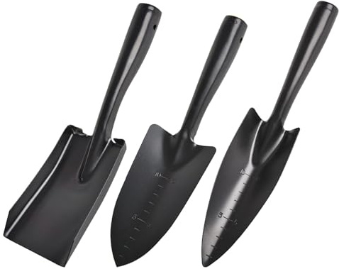 JOINPAYA Set 3 Pezzi Cazzuola da Giardino in Acciaio al Manganese con Manico Ergonomico, Pala da Giardinaggio per Terriccio e Fiori con Scala di Misurazione e Foro per Appendere, Utensili