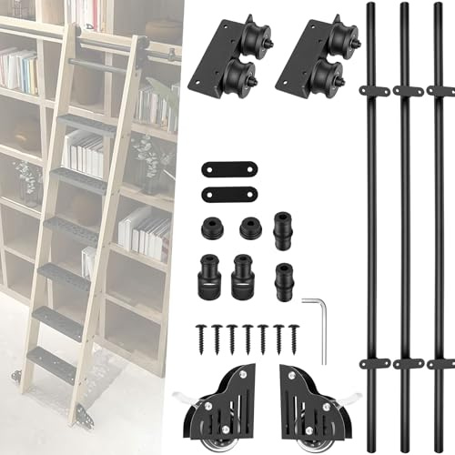 NBYTLT 10FT Sliding Library Ladder Hardware, Steel Mobile Track Kit | Steel Round Tube Track with Floor Rollers and Brakes for Bookshelves, Cabinets and Libraries(No Ladder Included)