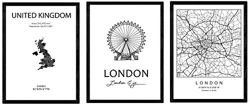 Nacnic Pack de posters de paises y monumentos. Mapa ciudad Londres United Kingdom y monumentos B. Tamaño A4