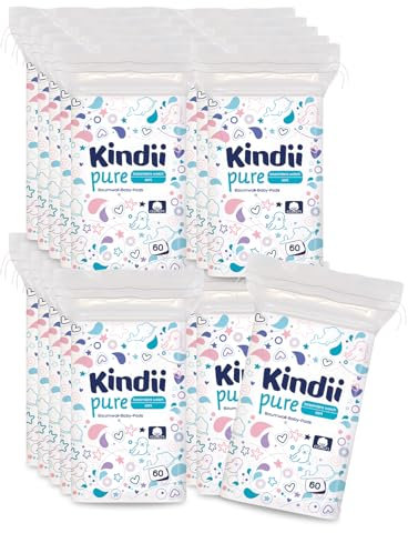Kindii Pure Baby Pads – (60 Piezas) Gasas Bebé – 100% Algodón, limpieza facial, cambios de pañal – Delicadas para pieles sensibles, no se deshilachan – 60 Piezas