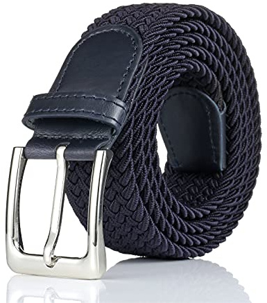 BSLLNEK Elastic Braided Belt, 1 3/8, Woven Stretch Belt for Golf Casual Jeans Shorts Pants, Navy, Small (28-32 Waist)