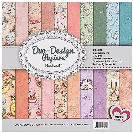 Ideen mit Herz Duo-Design-Papiere | Block mit 20 Blatt Bastelpapier | 25 x 25 cm | 250g/m² | beidseitig bedruckt | Designpapier, Motivpapier | ideal für Scrapbooking, Basteln (Hochzeit 01)