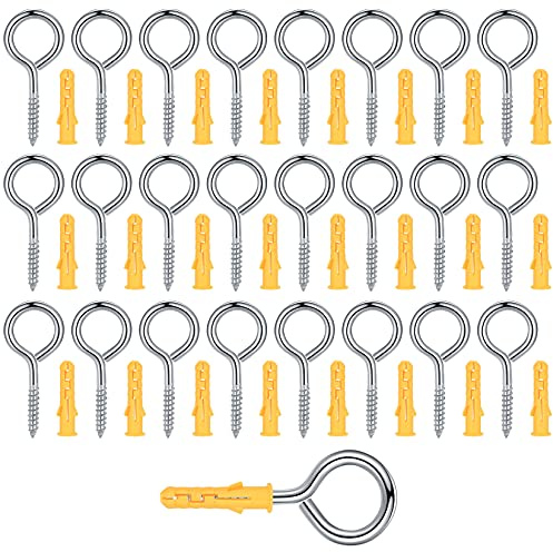 M3.5 304 Stainless Steel self Ring Screws, 25 Pcs Screw-In Vine Eyes, self Tapping Screw Rings, Heavy Duty Hanging Metal Hooks Eyelet Screws Bolts for Hammock, Swing Chair, with 25 Pcs Plastic Tubes