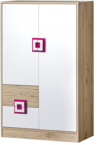 Marmex Nico N7 Hochkommode - Große Kommode - Hochschrank mit Regalen - Kommode für das Jugendzimmer, für das Kinderzimmer - Eiche Hell + Weiß + Rosa - 80x130x40cm