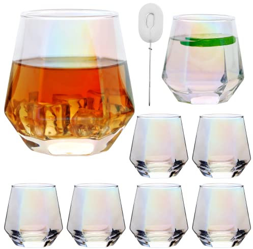Ufrount Diamond Wine Glasses Set of 8,Iridescent Stemless Red Wine Glass Cup,Geometric 10 OZ Christmas Wine Glassware White Wine Party Glass Tumblers for Bourbon,Whiskey,Wedding.