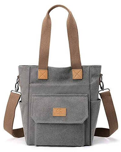 CORIOS Damen Handtasche Canvas Schultertasche Umhängetasche Casual Henkeltaschen Tote Beutel Groß Tragetasche Hobo Tasche für Arbeit Schule Shopper Reise Alltag Grau