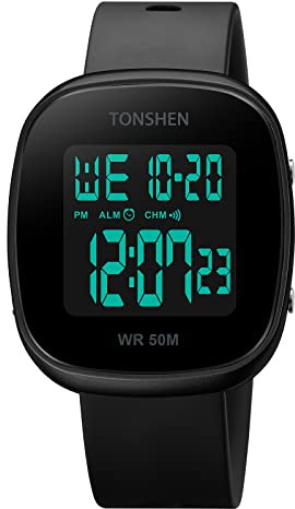 TONSHEN Unisex sport digital klocka för kvinnor och män plastfodral med gummiband mode multifunktionell elektronisk stoppur larm vattentäta klockor, Svart, armband