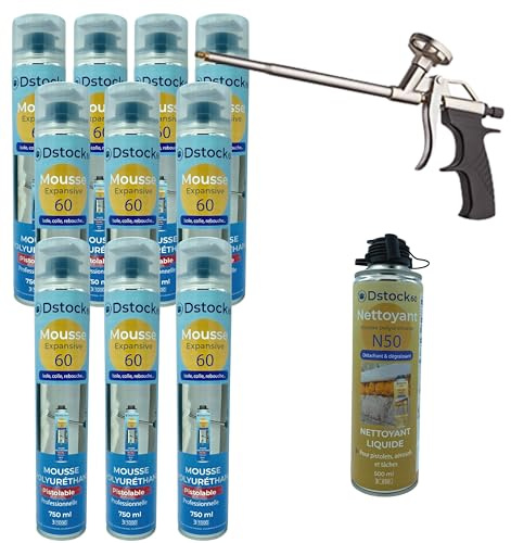 DSTOCK60 - Lot de 10 mousses expansives pistolables 750 ml + 1 Nettoyant Mousse + 1 pistolet - Mousse polyuréthane professionnelle - Isole, colle et rebouche - Extérieur et intérieur