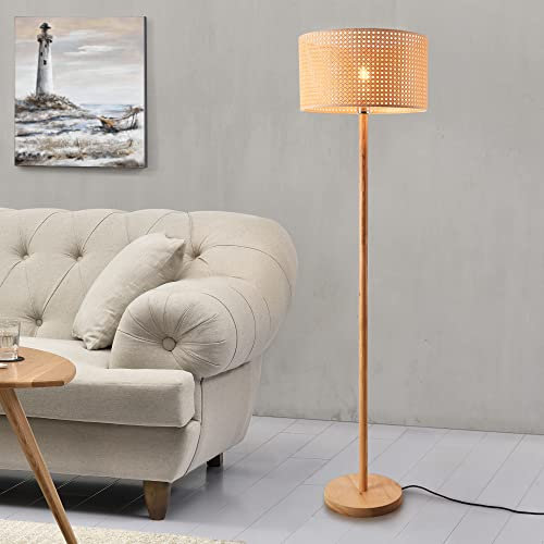 lux.pro Lampada da Terra con Paralume Cilindrico Ø40 cm in Rattan Piantana con Stelo in Legno Alto 154 cm per Soggiorno Salotto Studio