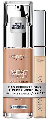 L'Oréal Paris Perfect Match Make-up-Set, Flüssige Foundation mit Hyaluron und Aloe Vera (30 ml), Nr. 2.R/2.C Rose Vanilla und Abdeckstift (6.8 ml), Nr. 1.N Ivoire/Ivory