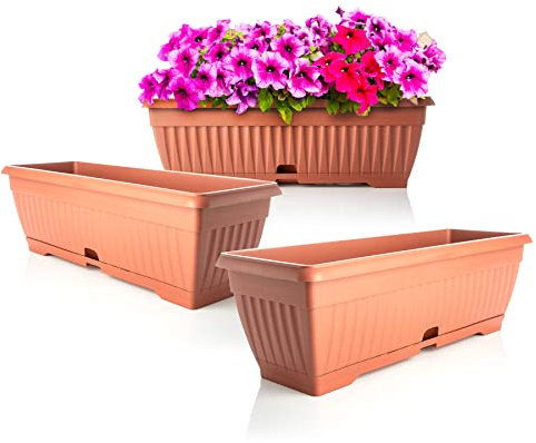 BigDean 3X Blumenkasten Balkon mit Untersetzer - Terracotta 50 cm Balkonkasten Pflanzkasten Blumenkasten mit Wasserspeicher für Innen- & Außenbereich geeignet - Made in Europe