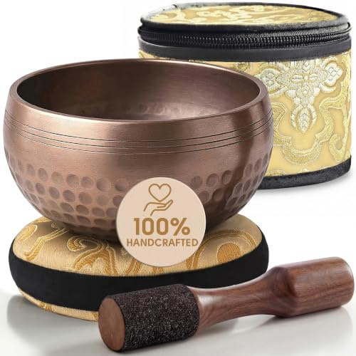 Silent Mind Klangschale Ø9 cm Bronze – Handgefertigtes Komplett-Set mit Kissen und Klöppel, für Anfänger geeignet, klarer stabiler Klang, ideal für Meditation und Achtsamkeit