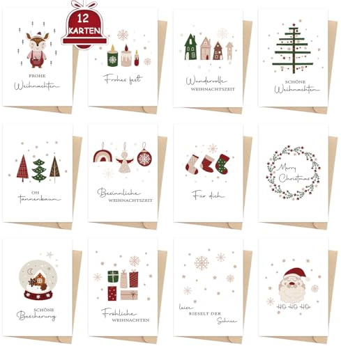 JOYEASE Weihnachtskarten mit Umschlag Set, 12 x verschiedene Postkarten weihnachten im modern Stil, A6 Weihnachtspostkarten mit schönen Sprüchen und Mustern