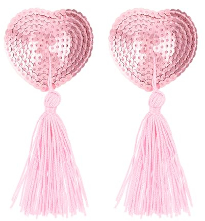 WLLHYF 1 Pair Women Reusable Breast Pasties, Heart-Shaped Breast Bra with Sequins Tassel Adhesive Nipple Cover Stickers (Pink) | with Sequins Tassel, Adhesive Nipple Cover Stickers