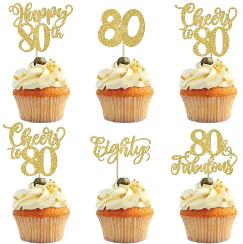 SYKYCTCY 30 Pack Glitter 80 Cheers Cupcake Toppers - Happy 80th Birthday Cupcake Decorations in Gold