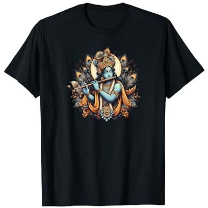 Krishna flûte à jouer et couronne de plumes de paon T-Shirt
