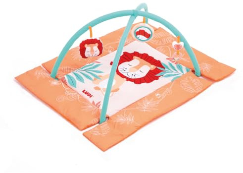 Ludi - Löwenteppich – Krabbeldecke für Babys – flauschig und weich – von Geburt an – entwickelt Motorik, Geschicklichkeit und visuelle Schärfe – Teppich, 2 abnehmbare Bögen und 3 hängende Aktivitäten