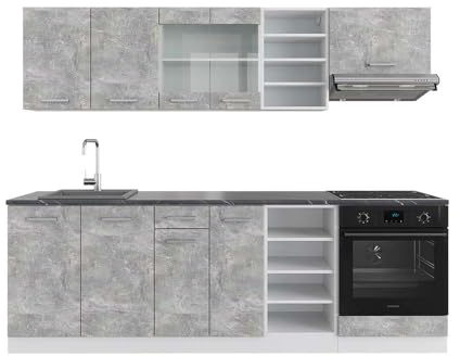 Vicco Küchenzeile R-Line, Küchenblock, Beton/Weiß, 240 cm, AP Anthrazit
