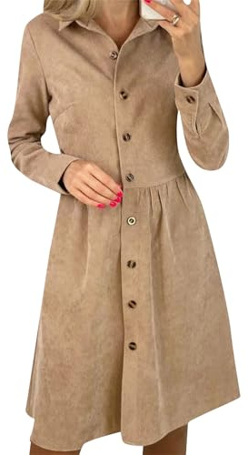 YMING Femmes Couleur Unie Chemise Robe Manches Longues Boutons Robe Chaude Longueur du Genou Robe en Velours Côtelé Kaki S