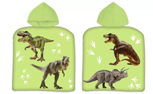 damaloo Dinosaurier Kinder Badeponcho 50x100cm groß aus Baumwolle - Bademantel für Mädchen & Jungen – grüner Dino Kinder Poncho mit Motiv - Kapuzenhandtuch für Kinder 50x100 cm