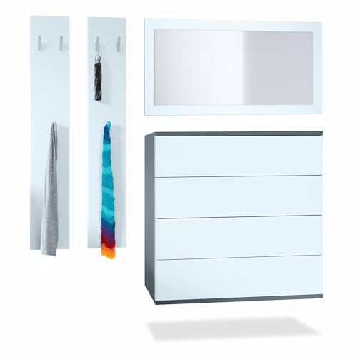 Vladon Garderoben-Set Horizon, bestehend aus 1 Kommode mit 4 Schubkästen, 1 Spiegel und 1 Wandpaneel Set, Anthrazit matt/Weiß matt