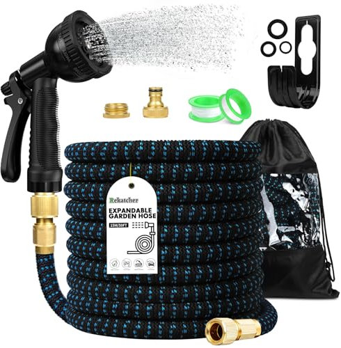 15M/50FT Flexibler Gartenschlauch, schwarzer seeblauer twill Gartenschlauch Flexibel Ausdehnbar, Wasserschlauch Wird Mit 10 Funktionsdüsen Und 1/2' 3/4' Zoll Messinganschlüssen Geliefert