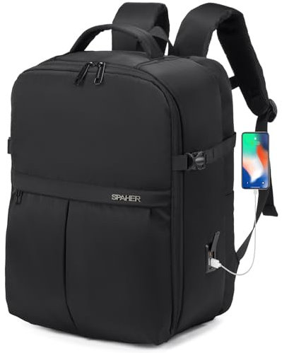 SPAHER Reiserucksack Handgepäck 40x30x25 Eurowings Laptop Rucksack 15,6 Zoll mit Laptopfach Business Arbeit Reisen Rucksack Herren Schulrucksack für Teenager Notebook College Damen Schwarz