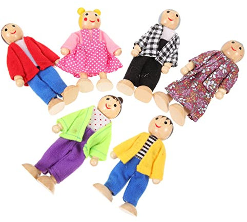 JUMPLAWN Holz Puppenfamilie Spielset Mit Beweglichen Armen Beinen Kleine Kinder Figuren Aus Glattem Sicherem Holz Kleiner Haus Dekoration Für Kinderzimmer Puppenhaus