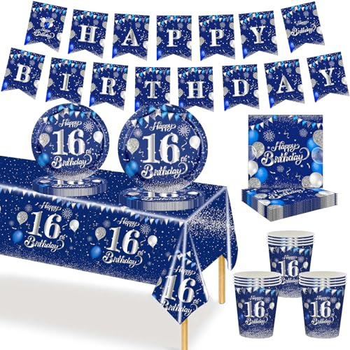 MORAINJAY Ensemble de vaisselle pour 16e anniversaire 70 pièces, assiettes en carton, gobelets, serviettes, banderole, ensemble de décoration de table pour fête d'anniversaire de garçons et filles