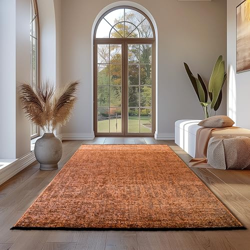 Teppium Baumwolle Chenille Teppich Terrakotta 160x230 cm Waschbar, Boho-Stil, Vintage Kelim, Kurzflor, rutschfest & Weich, Einfarbig Meliert, Für Wohnzimmer, Schlafzimmer, Büro & Küche