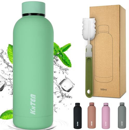 KxTEN.® Edelstahl Trinkflasche 750ml mit Flaschenbürste | auslaufsichere Thermosflasche | Gummiisoliert | Kohlensäure geeignet | isolierte Wasserflasche für Sport, Büro & Freizeit (Minzgrün, 750ml)