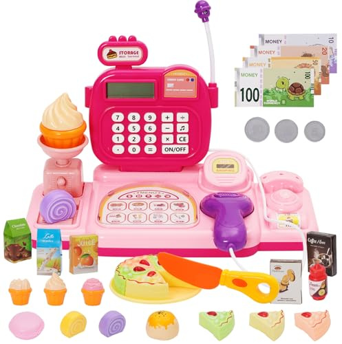 Caisse Enregistreuse pour Enfants avec Son,Microphone,40 Pièces Caisse Enregistreuse pour Filles,Accessoires pour Boutique, Jouets pour Jeux De Rôle,Thème Pâtisserie,Rose