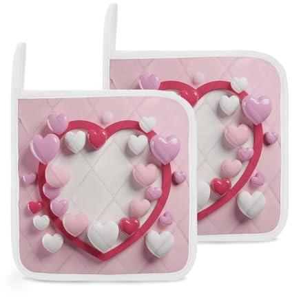 Confezione da 2 presine a forma di cuore, resistenti al calore, spessi cuscinetti caldi con anello antiscivolo, set di presine quadrate per cucina, cucina, forno, barbecue, 20 x 20 cm