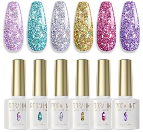 ROSALIND Glitzer Gel Nail Polish Set, 6 Färger Ljusrosa Mörkrosa Guld Silver Blå Nagellack, Nagellack med Färgglad Glittereffekt för Manikyr och Nageldesign