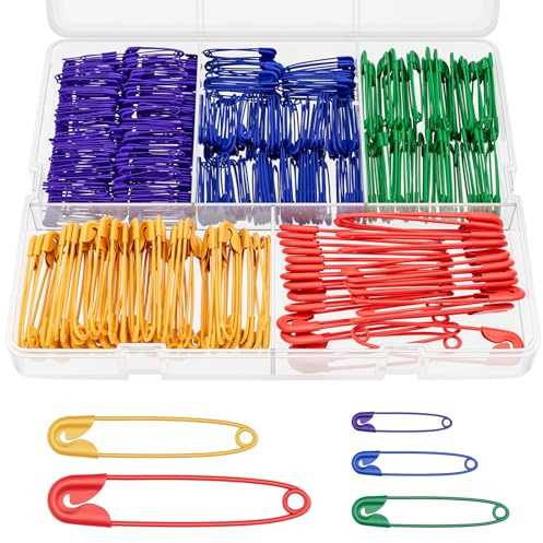 Sicherheitsnadeln 340 Stück, 5 Größen 5 Farben mit Box, Rostfreie Edelstahl Sicherheitsnadeln Set für Nähen Basteln Säumen Kleidung, Gerade Nadeln