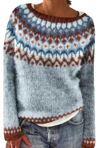 Angxiwan Norweger Pullover Damen Original Winter Kaschmir Pullis Langarm Weihnachtspullover Elegant Rundhals Winterpullover Casual Warm Strickpullover Damenpullover Oberteile