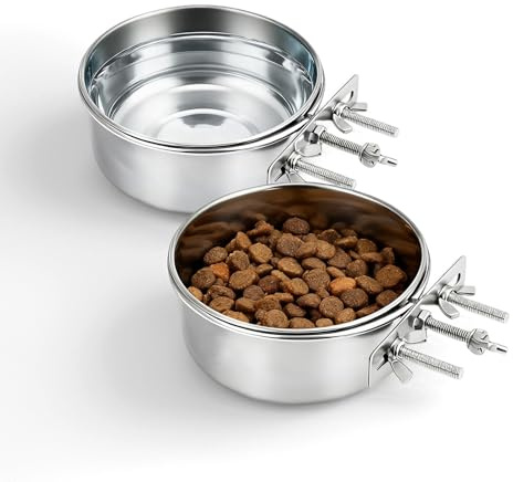 Stainless Steel Dog Crate Water Food Bowl Clip on, with Three Bolt Hanging Pet Holder Water Bowl, Dog Crate Tray for Dogs Cat Bird Pig Rabbit, Sturdy Durable(16cm&14cm)