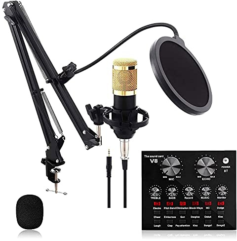 PLMNBQWE Kit de micrófono BM 800 con Tarjeta de Sonido V8, Paquete de micrófono de Condensador, micrófono Profesional, para grabación en Estudio y transmisión móvil en Vivo.