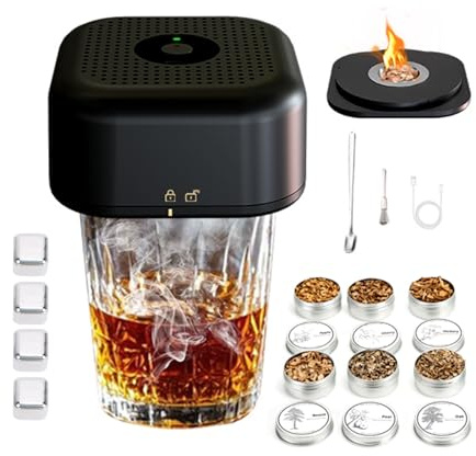 Electric Whiskey Smoker Kit Rechargeable, Adds Rich Smoky Flavors 6 Wood Chips Cocktail Smoking Set Bourbon Smoker Drink Set for Home Bars Parties Picnics