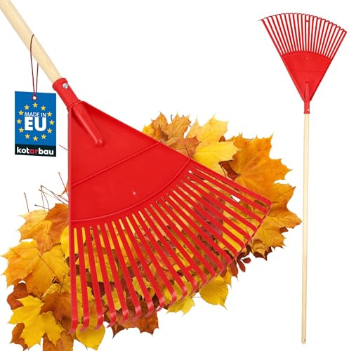 KOTARBAU® Trädgårdskratta - Plast - 48 cm - Trähandtag 150 cm - Extra-Click Funktion - Lövräfsa - Robust Räfsa - Plastkratta Trädgårdsräfsa - För Höstlöv Häckklippning - Röd & Lackerat Trä