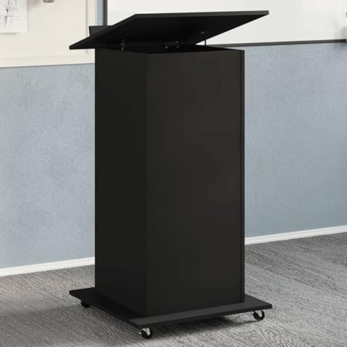 RMIHSJG Rednerpult mit Rollen und Schublade Schwarz 55x55x107 cm, Neigbare Oberplatte mit Umrandung für Präsentationen, 1 Schublade und 2 Fächer für Stauraum, Mobiles Pult