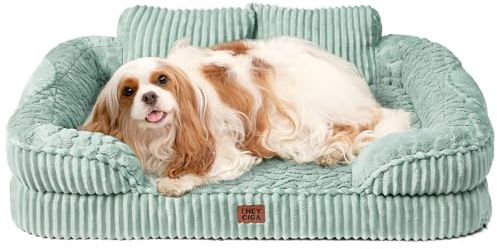 EHEYCIGA Memory Foam Cuccia Cane Interno Taglia Media, 91x68x16.5cm, Impermeabile Divano per Cani con Schienale Alto 3 Supporti per Collo, Sfoderabile e Lavabile, Verde